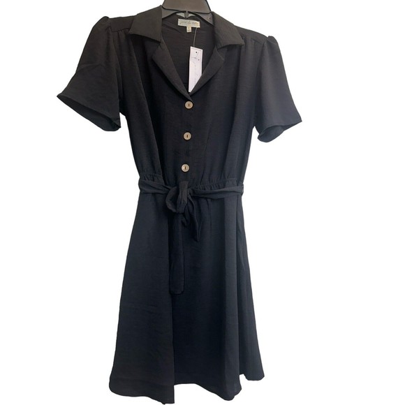 Womens Short Sleeve Button Dress Small Belted Black Pinup Goth Dark Academia - Picture 15 of 16